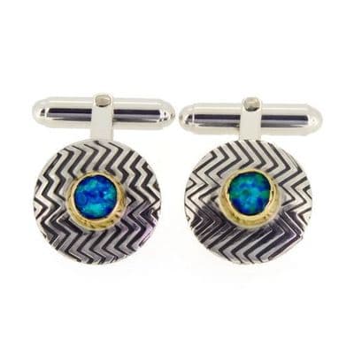 Handmade sterling silver cufflinks,  Zigzag pattern, with blue opal gemstones
