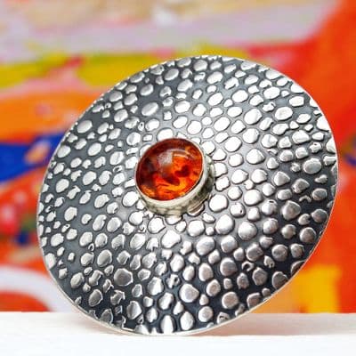 Handmade sterling silver Shagreen pattern brooch featuring a 10mm Amber stone