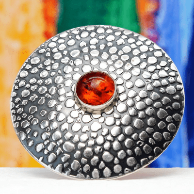 Handmade sterling silver Shagreen pattern brooch featuring a 10mm Amber stone