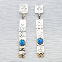 Handmade sterling silver stud drop earrings featuring two beautiful blue opal triplets. M.