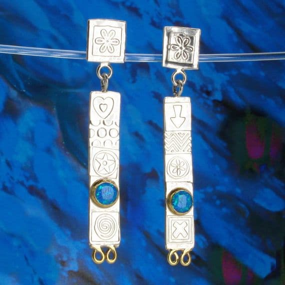 Handmade sterling silver stud drop earrings featuring two beautiful blue opal triplets. M.