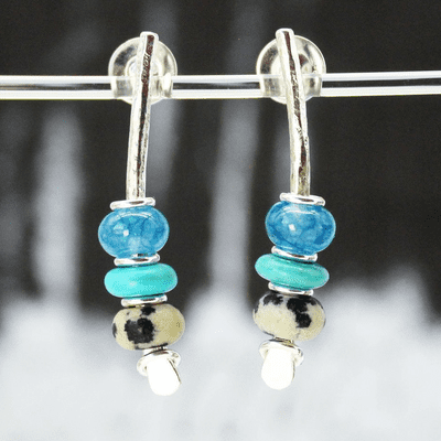 Handmade turquoise, jasper and lomuine earrings, sterling silver. Small arc earrings.