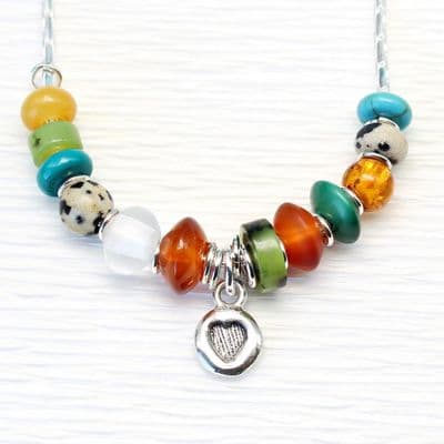 Heart necklace, turquoise, amber, carnelian gemstones no.1A