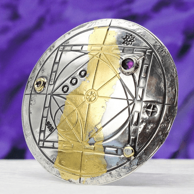 Keum boo brooch, handmade Amethyst, silver and gold, archaeology scribed round brooch, No.2