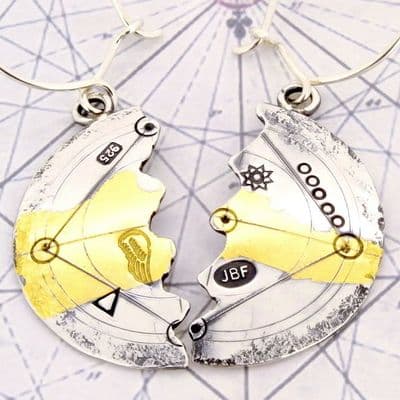 Keum boo silver and gold unique halved earrings scribed antique look, large