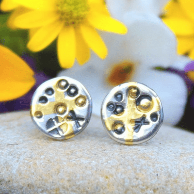 Keum boo tiny handmade ear studs silver and gold cross  small earring studs