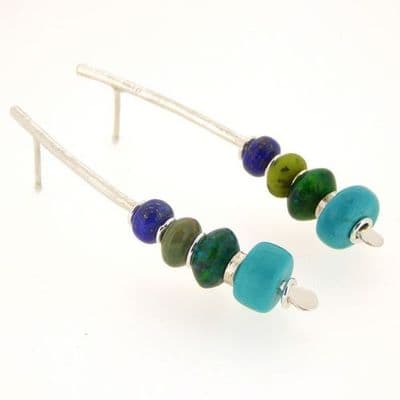 Lapis lazuli earrings with turquoise sterling silver large arc shape