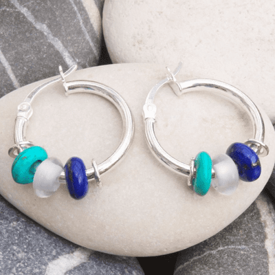 Lapis, turquoise, rock crystal sleeper earrings