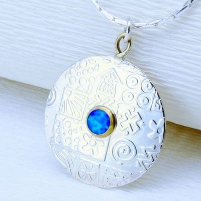 Large Round silver contemporary opal pendant