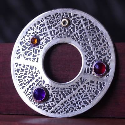 Leaf brooch,  handmade silver brooch, amethyst, garnet, citrine round brooch, leaf vein, No.4
