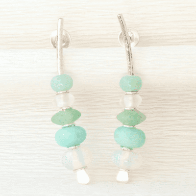 Light Blue Green Gemstone Silver Arc Earrings, Amazonite, Aventurine, Opalite