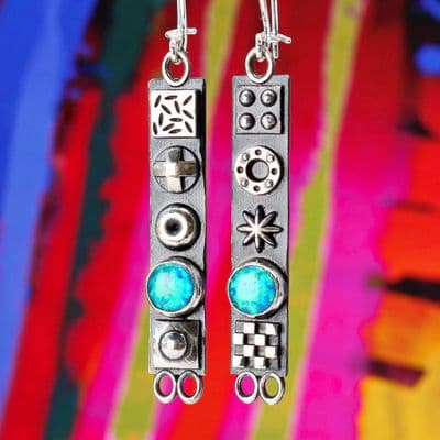 Long solid sterling silver oxidised earrings with 3D symbols and blue Opal gemstones