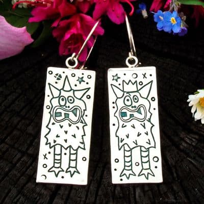 Monster earrings, fun, polished silver