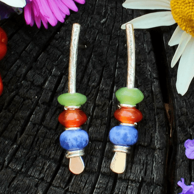Multi-coloured arc silver earrings, oil jade, carnelian, lapis 6A