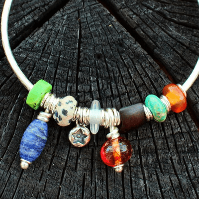 Multi-coloured bangle, lapis drop, 2.5mm rod, amber, turquoise, rock crystal, no.6A