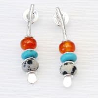 Multi-coloured gemstone arc earrings, carnelian, turquoise and jasper. S.