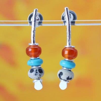 Multi-coloured gemstone arc earrings, carnelian, turquoise and jasper. S.