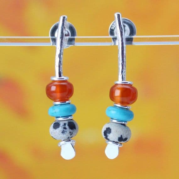 Multi-coloured gemstone arc earrings, carnelian, turquoise and jasper. S.