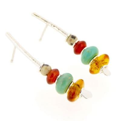 Multi coloured gemstone earrings, silver amber carnelian turquoise medium arc shaped