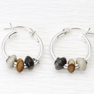 Natural stone Picasso Jasper three stone sleeper hoop earrings.