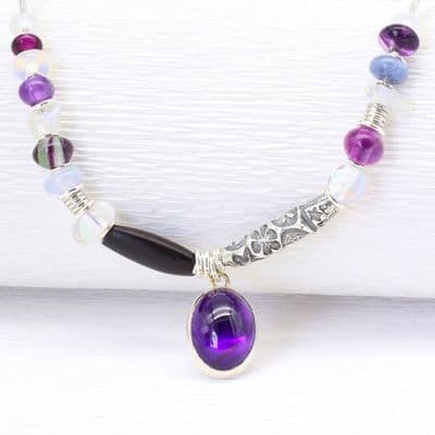 One of a kind Amethyst necklace rock crystal & wooden bead on a silver chain
