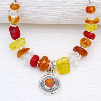 One of a kind Opal necklace sterling silver chain & setting with Carnelian and Amber