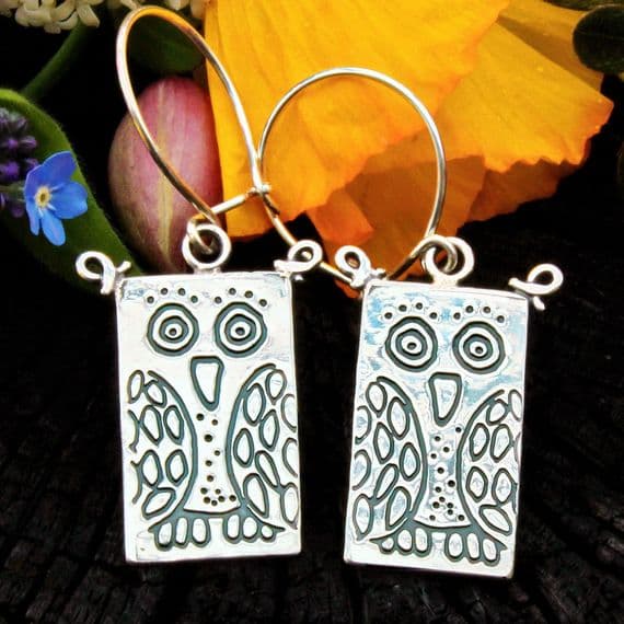 Owl earrings, polished silver