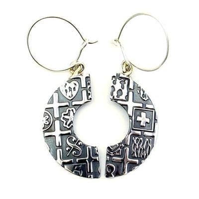 Oxidised halved silver circle earrings