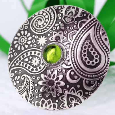 Paisley pattern brooch, sterling silver, Peridot quartz gemstone