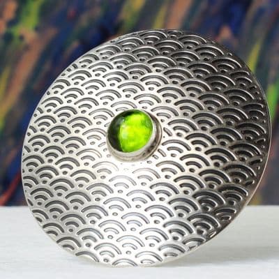 Peridot brooch handmade from sterling silver featuring a Japanese fan pattern, No.5