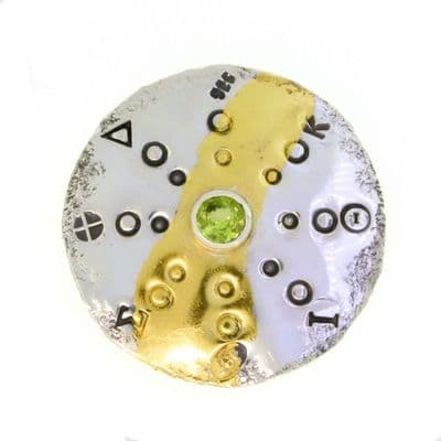 Peridot gemstone brooch, unique handmade round silver and gold, Keum boo