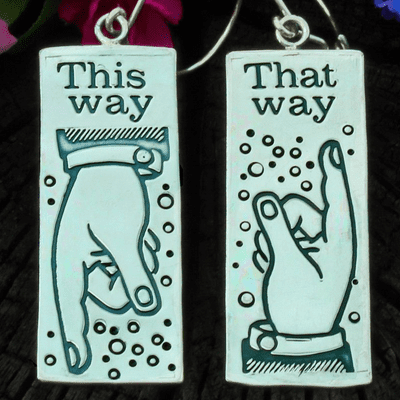 pointing finger earrings, letterpress, block printing, polished silver