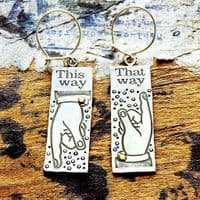 Pointing fingers earrings printing block image polished silver