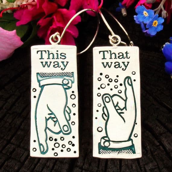 Pointing fingers earrings printing block image polished silver