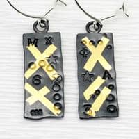 Rectangular earrings handmade keum boo oxidised silver with gold crosses
