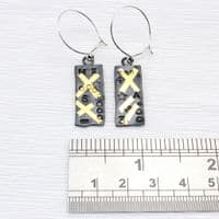 Rectangular earrings handmade keum boo oxidised silver with gold crosses