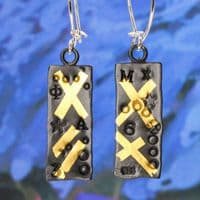 Rectangular earrings handmade keum boo oxidised silver with gold crosses