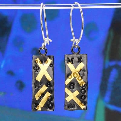 Rectangular earrings handmade keum boo oxidised silver with gold crosses