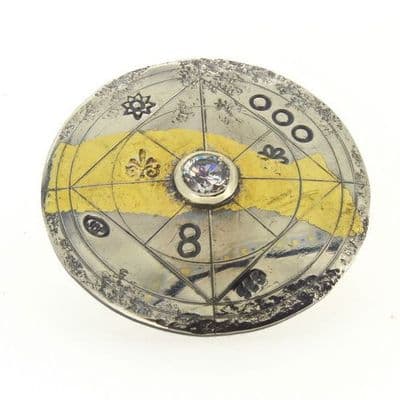 Round Cubic zirconia brooch, Keum boo brooch, Gold and silver brooch