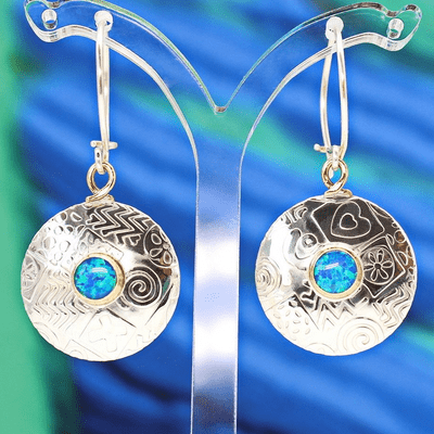 Round earrings, handmade sterling silver with blue Opal triplets,  L.