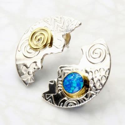 Round halved ear studs, designer made unique opal silver studs