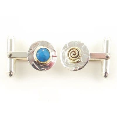 Round sterling silver mismatched disc cufflinks with Turquoise
