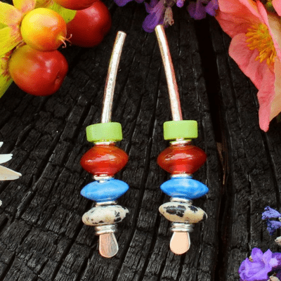 Silver and gemstone earrings, Arc multi-coloured, lapis, carnelian earrings, medium size 6A