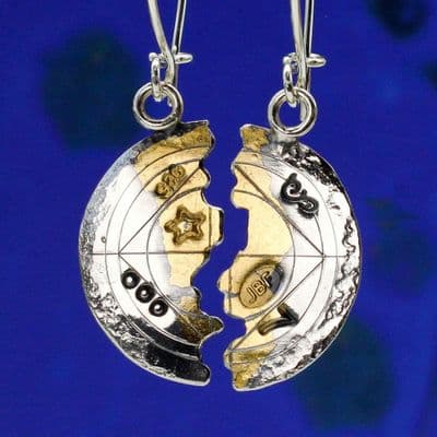 Silver gold unique halved earrings,  scribed antique style, small