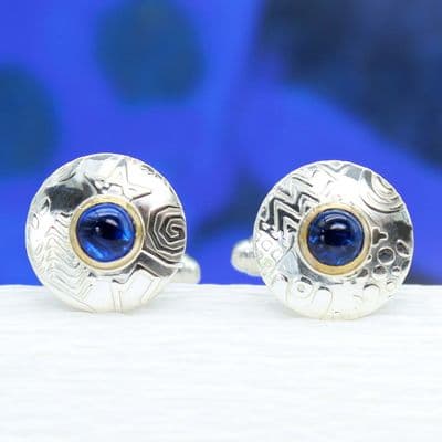 Silver handmade cufflinks, blue spinel gemstones, contemporary round cufflinks
