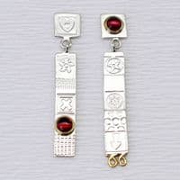 Silver stud drop asymmetrical earrings, handmad garnet earrings.