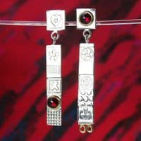 Silver stud drop asymmetrical earrings, handmad garnet earrings.