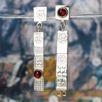 Silver stud drop asymmetrical earrings, handmad garnet earrings.