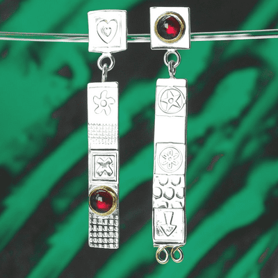 Silver stud drop asymmetrical earrings, handmad garnet earrings.