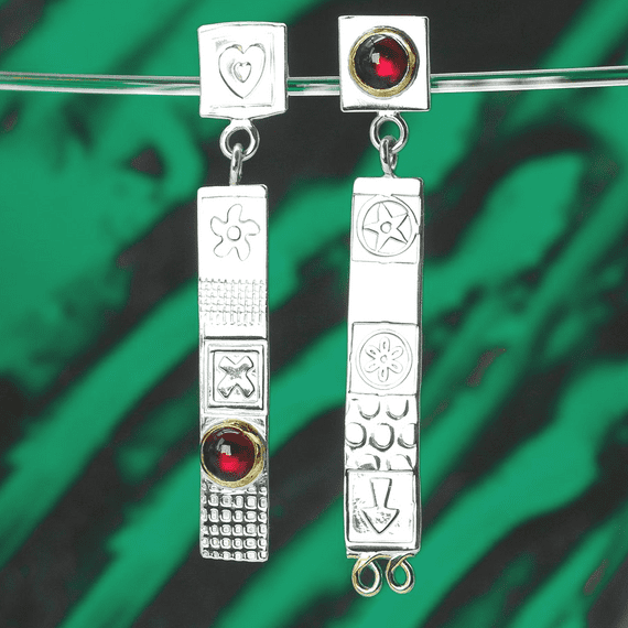 Silver stud drop asymmetrical earrings, handmad garnet earrings.
